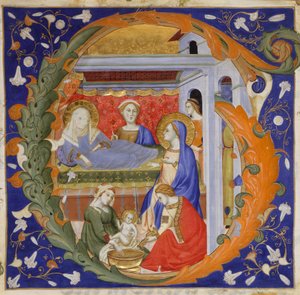 イニシャル G で聖母の誕生を伴う写本の照明、グラデーションから、約 1375年。 作： Silvestro dei Gherarducci
