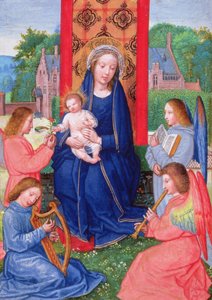 例 2125 f.157v 天使が楽器を演奏するマドンナと子供、『Ghistelles のジョアンナの時間』、1516 年頃（ベラム）