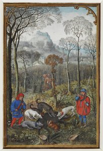 12 月の MS 18855 f.108v カレンダー ミニチュア (イノシシ ハント ベラム) を追加 作： Simon Bening
