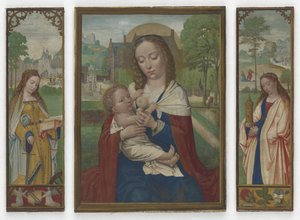 聖母子;聖者キャサリンとバーバラ、c.1520（ヴェラムのテンペラ） 作： Simon Bening