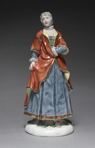 イタリアのコメディフィギュア：イザベラ、1753年頃（エナメル装飾が施された磁器）