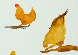 ニワトリ、1羽がひっかく、2013年（水彩画）