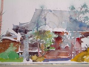 京都の寺（紙に水彩）