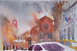オルヴィエート広場、イタリア 2002年 （水彩画） 作： Simon Fletcher