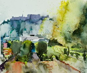 ミラベル庭園から見たザルツブルク、2008年（水彩画）