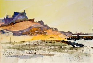 シディ・ジェムール、岩と海岸、ジェルバ・チュニジア、2000年（水彩画） 作： サイモン・フレッチャー