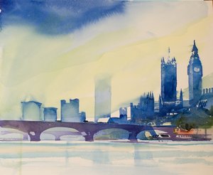 歩道橋からのウェストミンスター、2016年（水彩画） 作： サイモン・フレッチャー