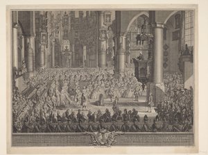カレル・クリスティアン・ファン・ナッソー＝ヴァイルブルクとカロライナ王女の結婚、1760年 1760 年 3 月 5 日水曜日、G の Groote Kerk での (...) ナッソー ワイルブルク王子と (...) Carolina van Oranje & Nassau の厳粛な結婚式場の画像 作： Simon Fokke
