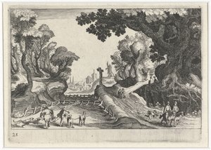 パスに沿って十字架のある森の風景 南欧の風景（連載タイトル） Topographia variarum regionum (シリーズタイトル) 作： ヘンドリック・ホンディウス（I）