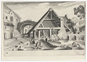 聖家族との村の眺め 南欧の風景（連載タイトル） Topographia variarum regionum (シリーズタイトル) 作： ヘンドリック・ホンディウス（I）