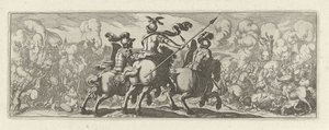 Drie cavaleristen bij een veldslag met olifanten 騎兵（シリーズタイトル） Faecvnda は Phaebus の最愛の人であり、熱心な天才の男性に感謝する Florentia は、水星がベテランのクライアントを彫った胸の力によって pvgnas によって十分に示されています (シリーズ タイトル) 作： Simon Frisius