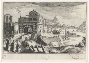 山の風景の中、城門の前にいるエマウスゲンガー 南欧の風景（連載タイトル） Topographia variarum regionum (シリーズタイトル) 作： Simon Frisius