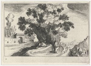 木の下でセックスをする人物がいる丘陵の風景 南欧の風景（連載タイトル） Topographia variarum regionum (シリーズタイトル)