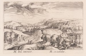 3組のカップルのいる丘陵風景（『Topographia Variarum Regionum』より 作： Simon Frisius