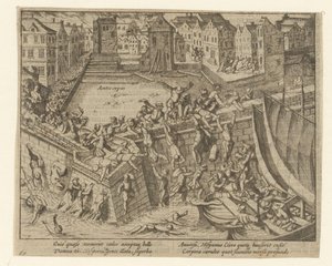 「スペインの猛攻」：住民たちがスヘルデ川へ逃れる、1576年 作： Simon Frisius