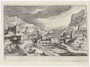 川の谷の街並み 南欧の風景（連載タイトル） Topographia variarum regionum (シリーズタイトル) 作： Simon Frisius