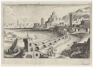 水道橋のある街並み 南欧の風景（連載タイトル） Topographia variarum regionum (シリーズタイトル) 作： Simon Frisius