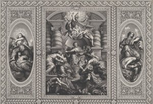 ジェームズ 1 世が中央でチャールズをスコットランド王に任命し、ミネルバが 1720 年に無知を槍で突き刺した。