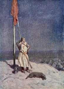 騎士は、イングランドの旗を掲げ、セントジョージズマウントを見守っています。イラストは、サーウォルタースコットによる「タリスマン：十字軍の物語」のイラストです。 作： Simon Harmon Vedder
