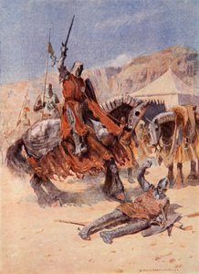 騎士団は対立して会合し、ウォルタースコット卿による「タリスマン：十字軍の物語」のイラストを使用 作： Simon Harmon Vedder