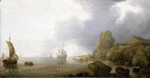 岩の多い湾の浅瀬に浮かぶボート、ロマンチックで理想的なビジョン。シモン・デ・ヴリーガー（1600-1653）作、木に油彩。 作： Simon Jacobsz. Vlieger