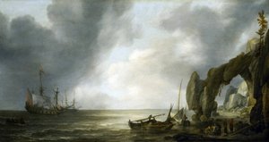 オランダの軍艦が岩だらけの海岸に停泊し、数人の乗組員が海岸に上陸し、漁籠を囲んでいた。 作： Simon Jacobsz. Vlieger