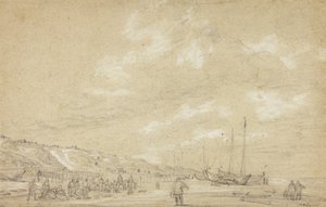 スケベニンゲンビーチで漁師が網を乾燥 作： Simon Jacobsz. Vlieger
