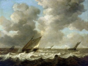 荒海に浮かぶ漁船、スカイラインにはオランダの海岸が見える。木に油絵