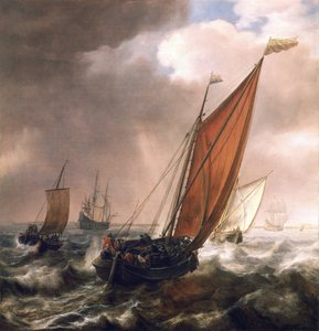 ゼーラント（オランダ北東部）のアドミラウトとオランダの旗を掲げたオランダの小型輸送船。 作： Simon Jacobsz. Vlieger