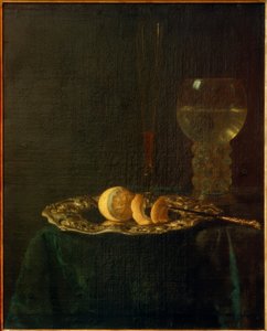 銀皿、レモン、ローマ人、フルートのある宴の静物画 作： Simon Luttichuys