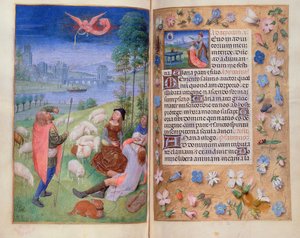 追加 38126 fol.79v-80 羊飼いへの受胎告知、Huth Hours より 作： Simon Marmion