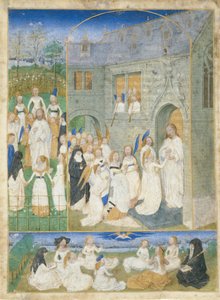 彼らがパラダイスの門に入るとき、キリストによって挨拶された聖処女。 1467-70。 作： Simon Marmion