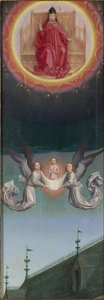 聖ベルタンの魂は聖ベルタンの祭壇画、約1459から神に運ばれました 作： Simon Marmion