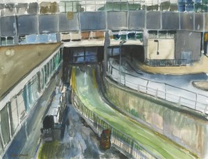 鉄道駅タクシー出口入口、2019年（紙に水彩＆ガッシュ） 作： Simon Neville