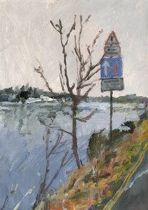 テムズ川と木と道路標識、2023年（アクリル、紙） 作： Simon Neville