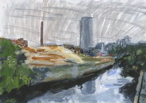 ワンドル川とラム醸造所再開発地、ワンズワース、2025年（アクリル、アクリル絵の具ペン、墨ペン、油性インクペン、黒鉛、紙）