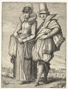 1625年頃の流行に合わせた服装の男女 作： Simon Poelenburg (attributed to)