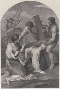 キリストは十字架の重さで地面に倒れ、2人の男性が助け、...、約。 1729年。 作： Simon Vallee