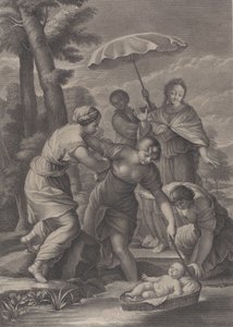 3 人の女性が幼いモーセと一緒に水からかごを引っ張っている。 1729年。 作： Simon Vallee
