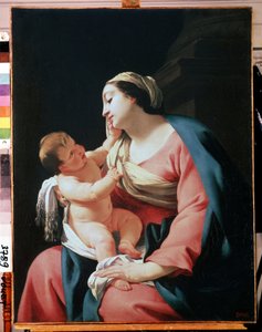 聖母子 (Virgin and Child)。 Simon Vouet (1590-1649) の絵画。 キャンバスに油彩、99.1 x 76.5 cm、17 世紀初頭。 フランス派、バロック美術。 エルミタージュ美術館、サンクトペテルブルク。 作： Simon Vouet