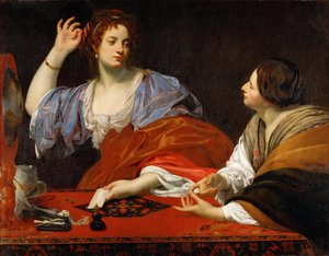 虚栄心の強い妹、マグダラのマリアを責めるマルタ - シモン・ヴーエ（1590-1649）。油彩・キャンバス、1621年頃。寸法：110x140cmヴィエンヌ美術史博物館 作： Simon Vouet
