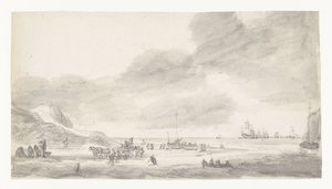 貝漁師と歩行者がいるビーチ シーン 作： Simon de Vlieger (possibly)