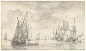 いくつかの船のある海の風景 作： Simon de Vlieger