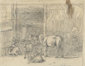 馬小屋の前の羊とヤギ 作： Simon van den Berg