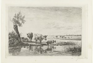 水の近くに牛がいる牧草地の風景 作： Simon van den Berg
