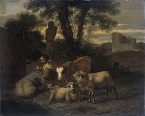 羊飼いと群れのいるイタリアの風景 作： Simon van der Does