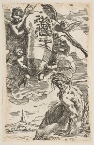 フォグリア川の寓意、ペサロス市の紋章、...の前絵1639。 作： Simone Cantarini