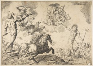 ボルゲーゼ枢機卿の腕に冠を差し出す木星、海王星、冥王星、1642～43 年。 作： Simone Cantarini