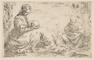 エジプトへのフライトで休憩し、メアリーが聖キリストを抱きながら幼児のキリストを見つめている。 1637。