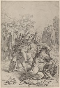 憑依者を癒す聖ベネディクト 作： Simone Cantarini after Lodovico Carracci